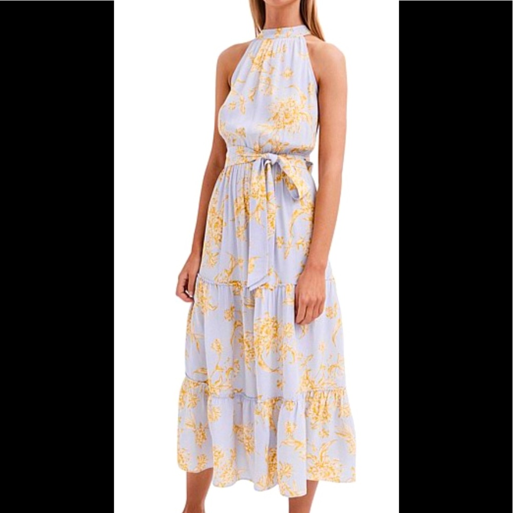 Witchery tiered light blue midi dress with yellow print